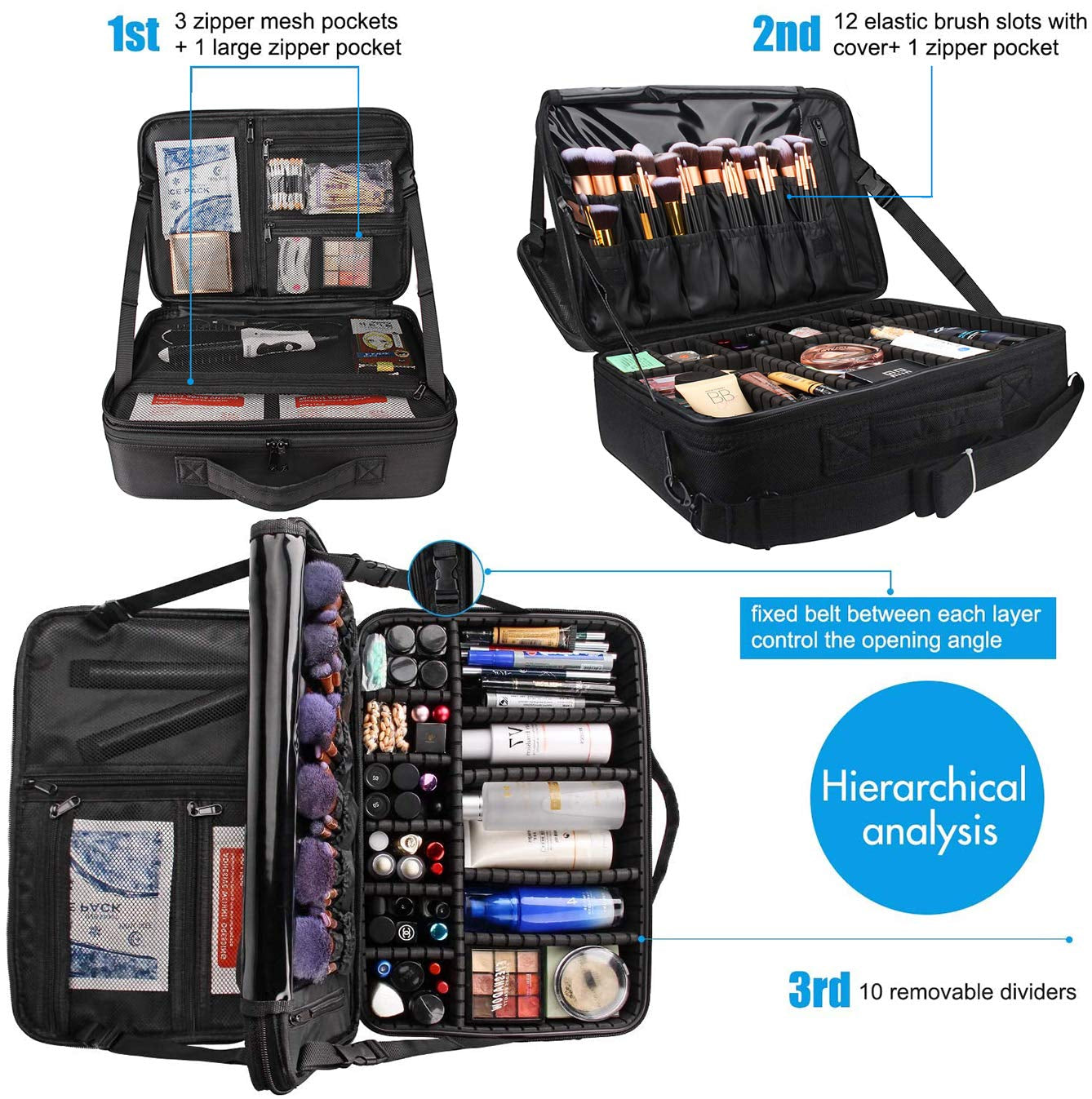 16.5'' Large Capacity Makeup Case 3 Layers Cosmetic Organizer Brush Bag Barber Train Case Makeup Artist Box for Hair Curler Hair Straightener Brush Set and Cosmetics